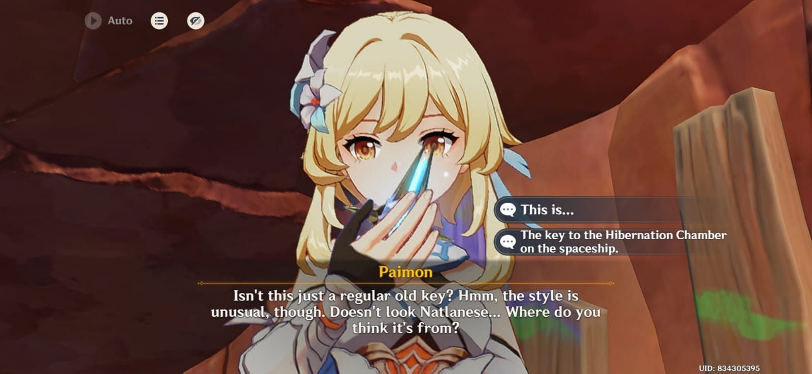 Traveler finds a key in the cave (Image via HoYoverse)
